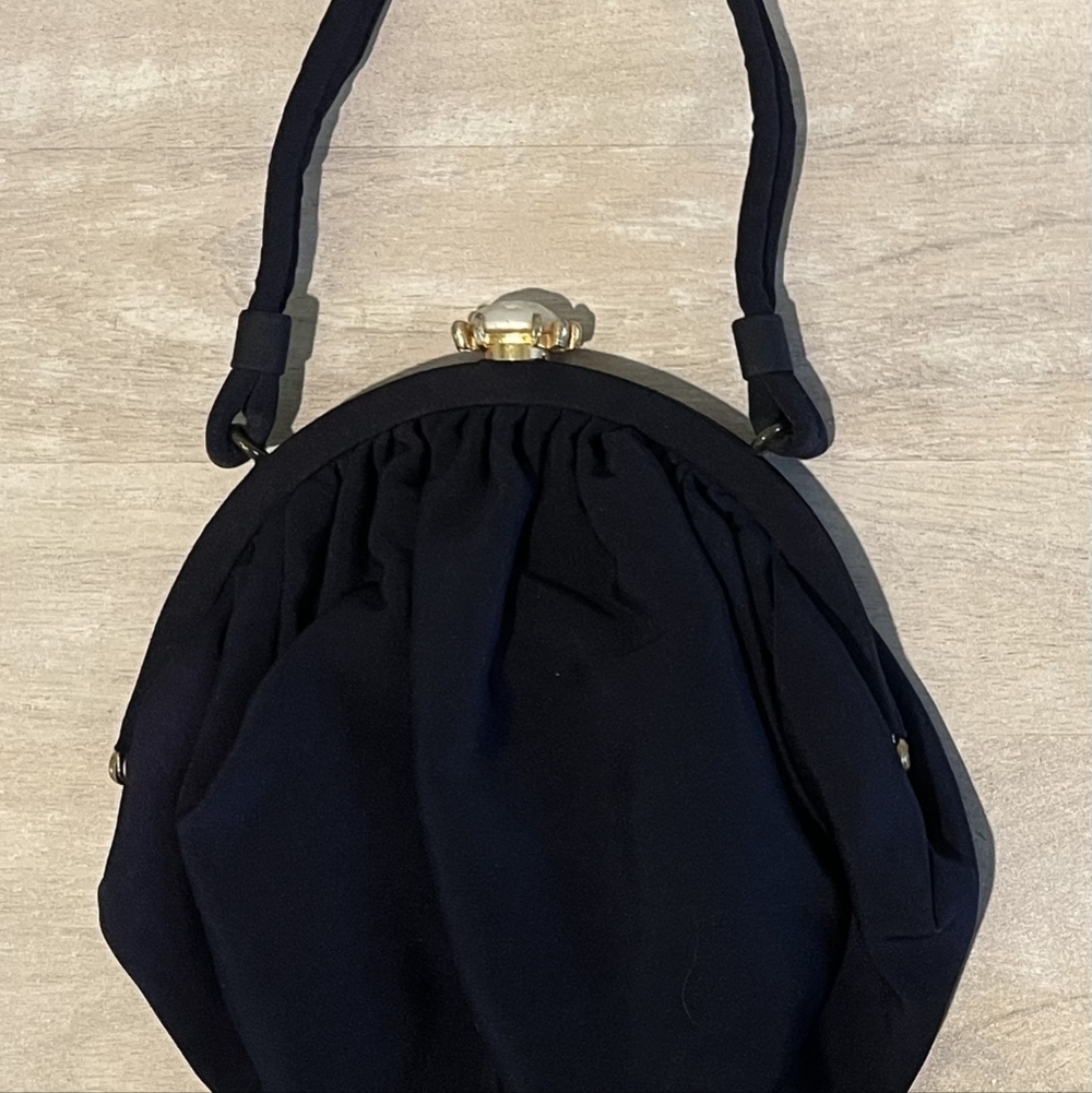 Beautiful Vintage Navy Blue Fabric Bag With Faux Pearl Closure EUC